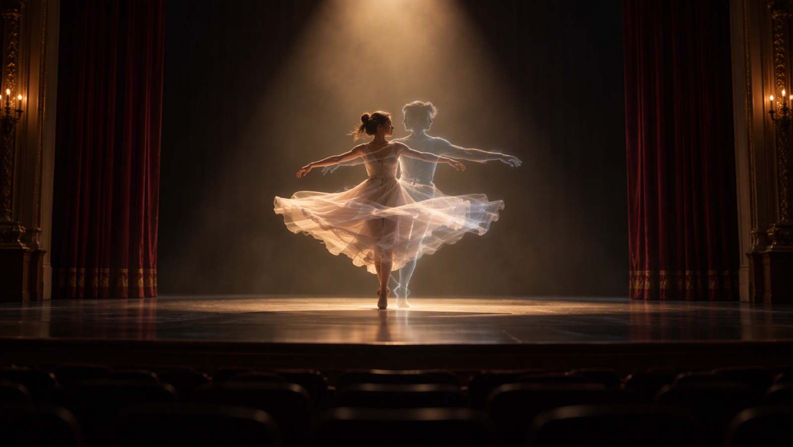 Dancer on an empty stage with a translucent second silhouette overlapping in the same pose