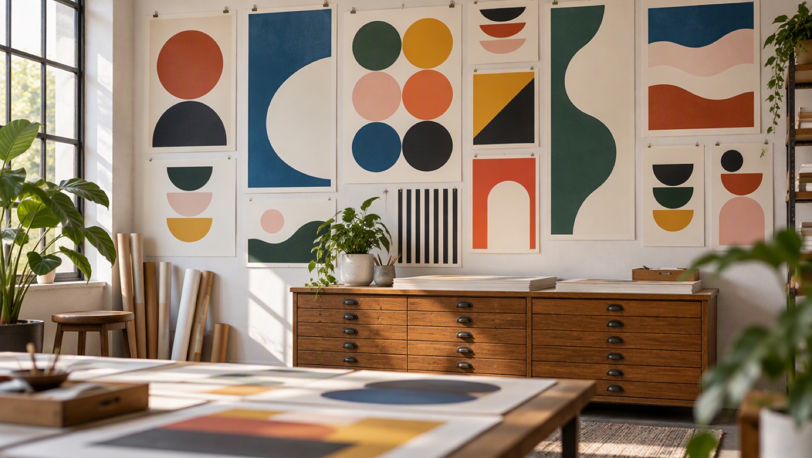 Print studio wall covered with finished posters and menus in clean typographic layouts