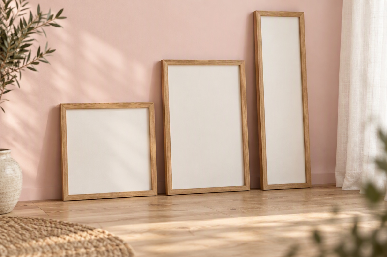 Three empty picture frames of different shapes leaning against a pastel wall