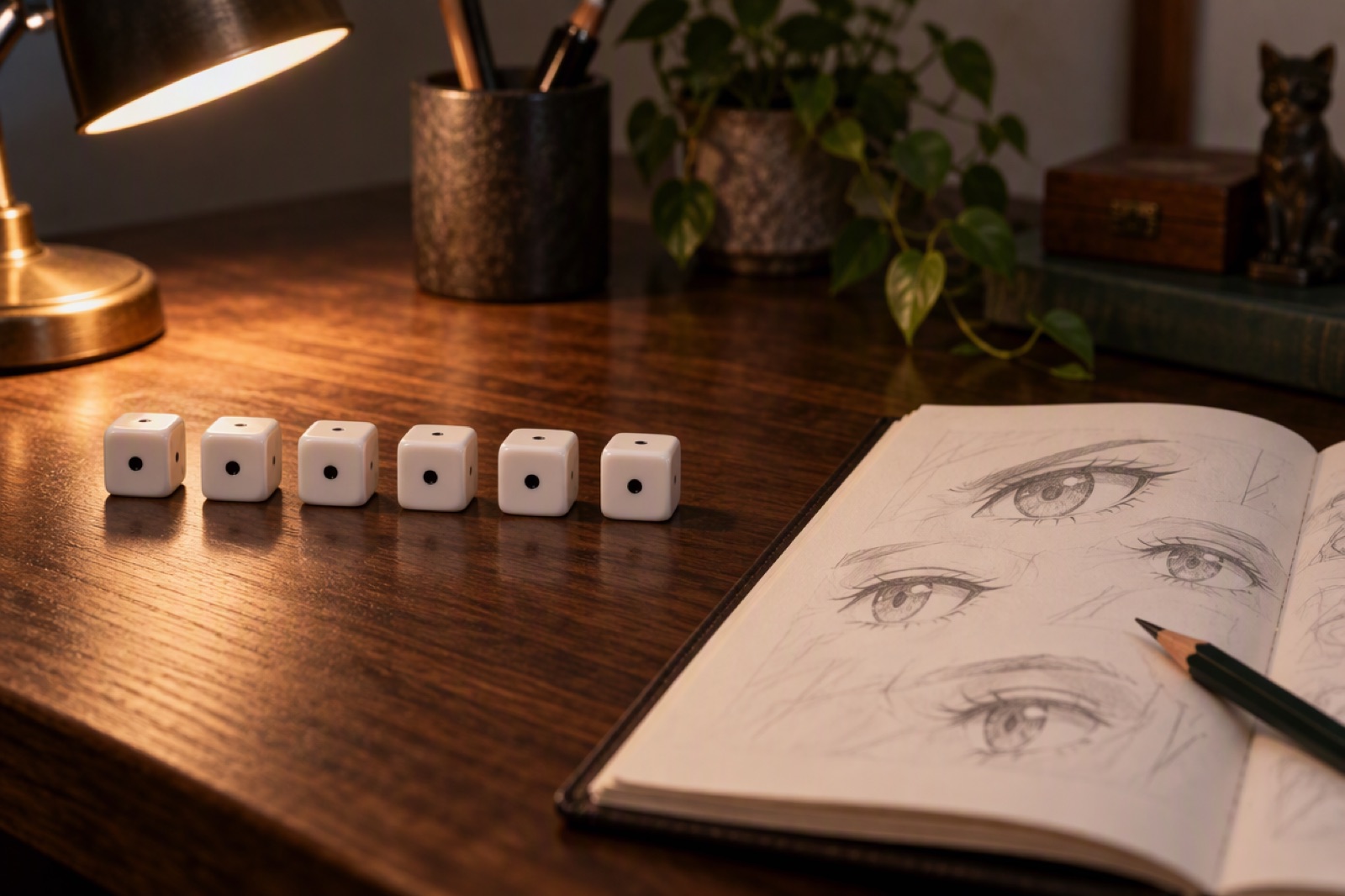 A row of identical small dice showing the same face beside a notebook