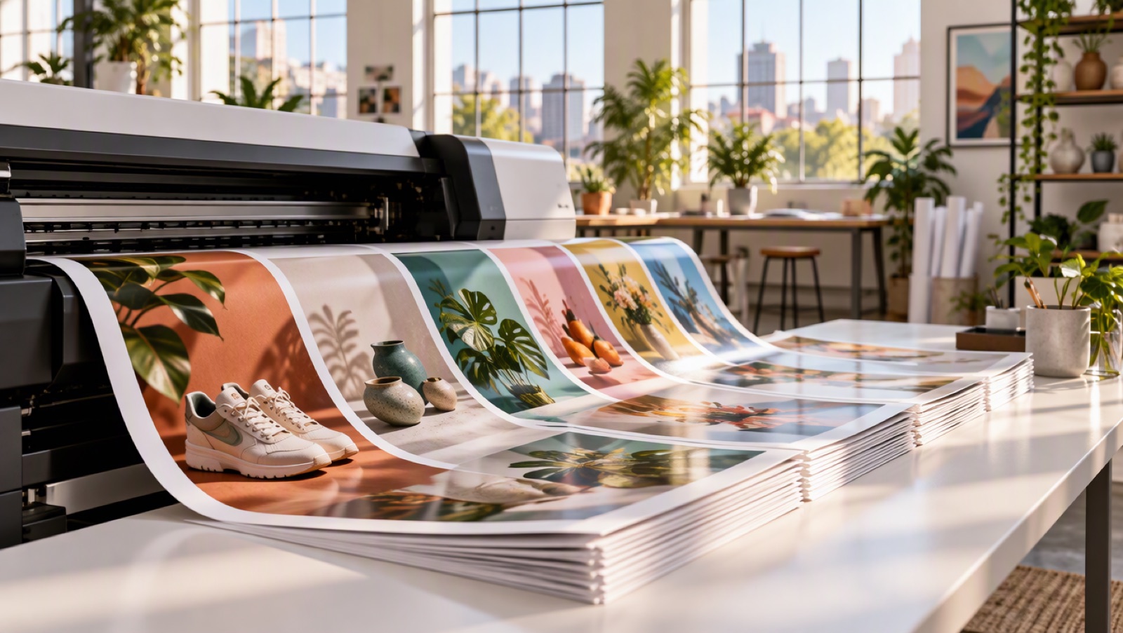 Rows of product prints sliding off a large-format printer in a bright studio