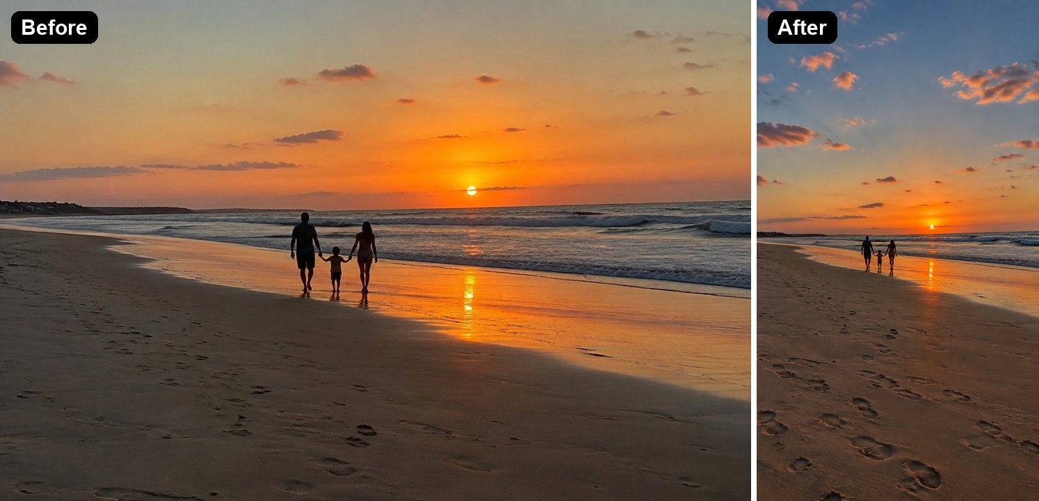 una foto orizzontale di un tramonto in spiaggia estesa in un'immagine verticale 9:16