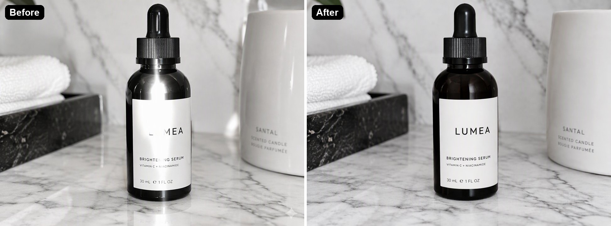 a glossy skincare bottle with the glare streak removed
