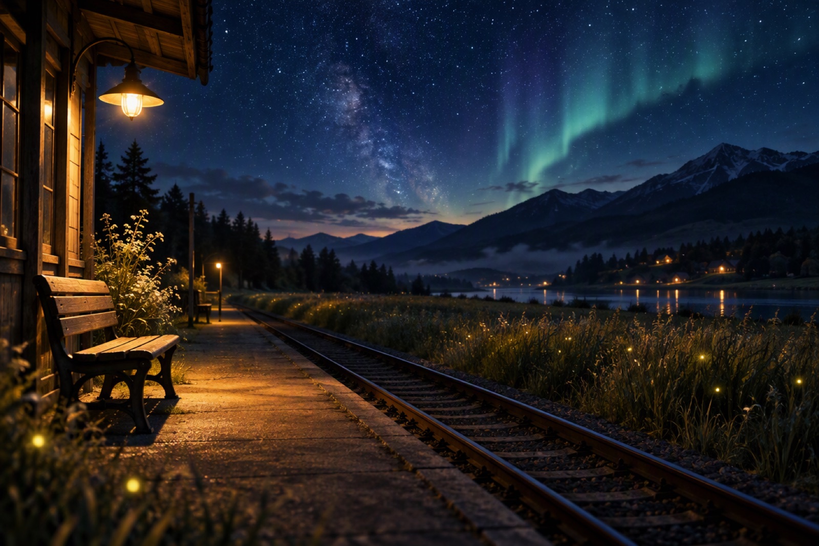 Quiet countryside train platform under a starry night sky