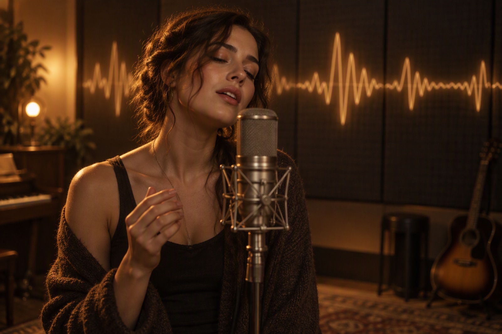 Singer in front of a vintage studio microphone with a glowing waveform behind her
