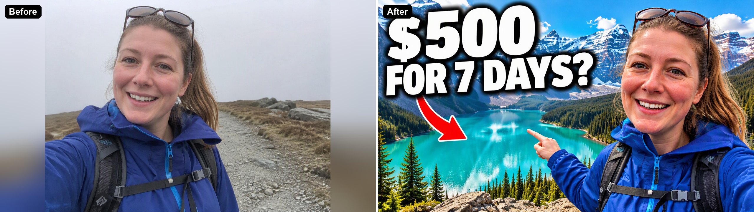 a trail selfie turned into a travel budget thumbnail