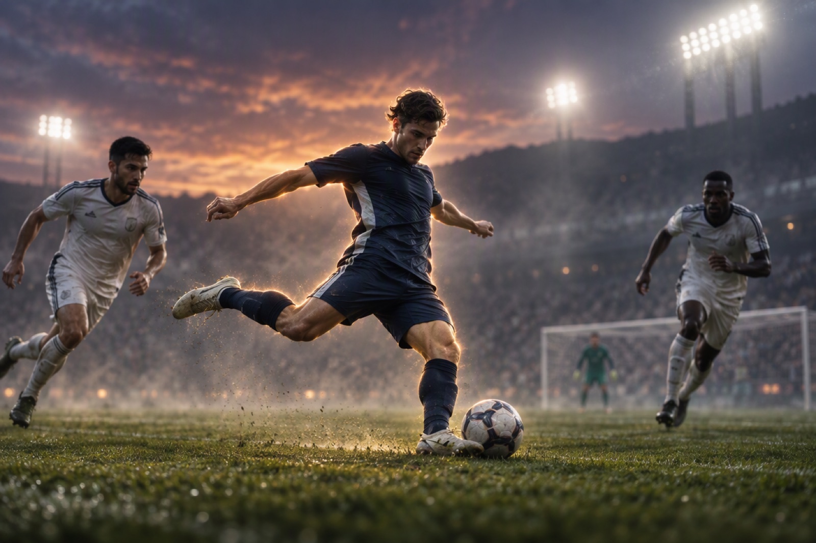 Football players on a pitch with one player highlighted by a soft rim of light