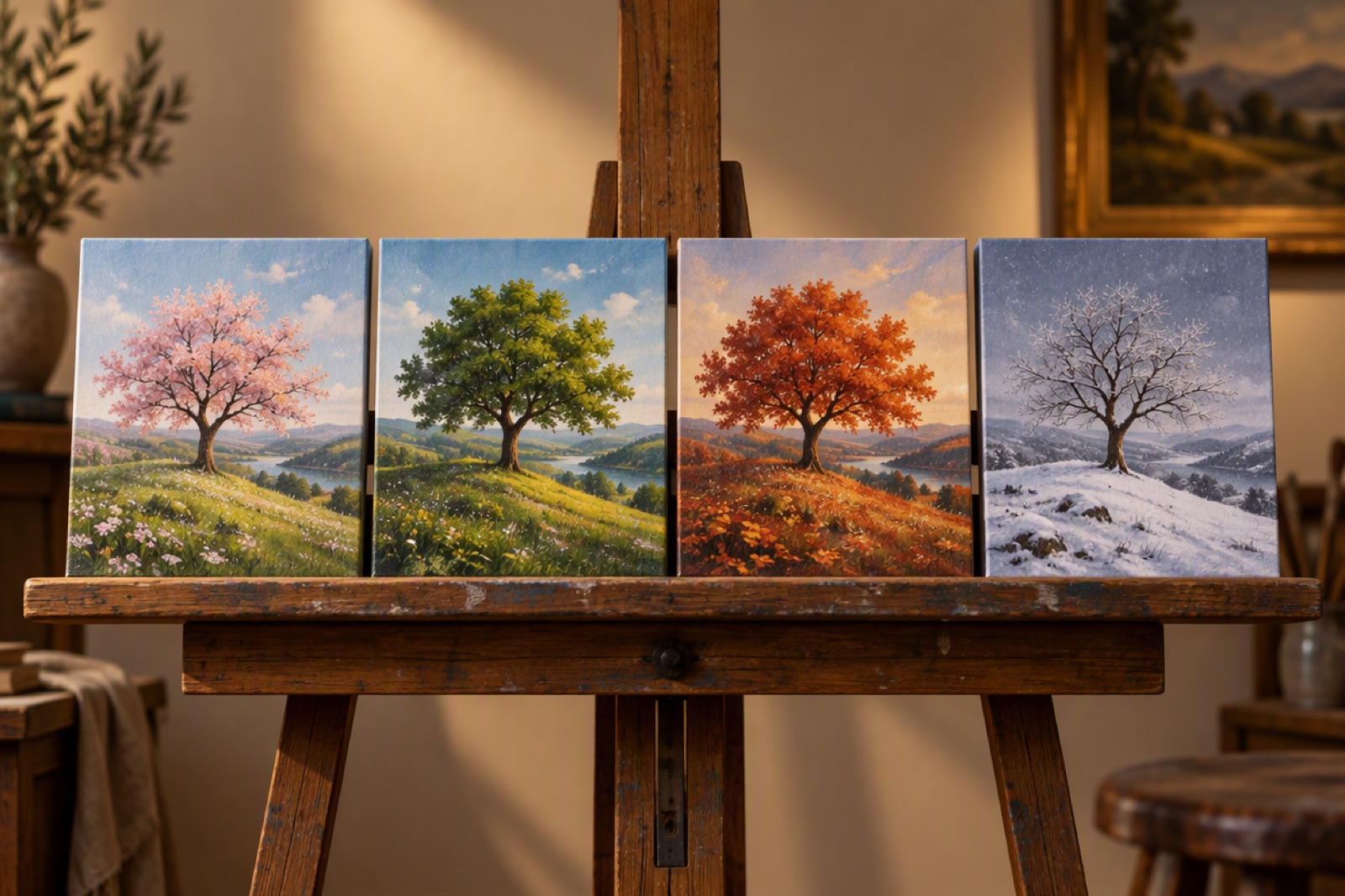 Four small paintings of the same tree in four seasons on an easel shelf