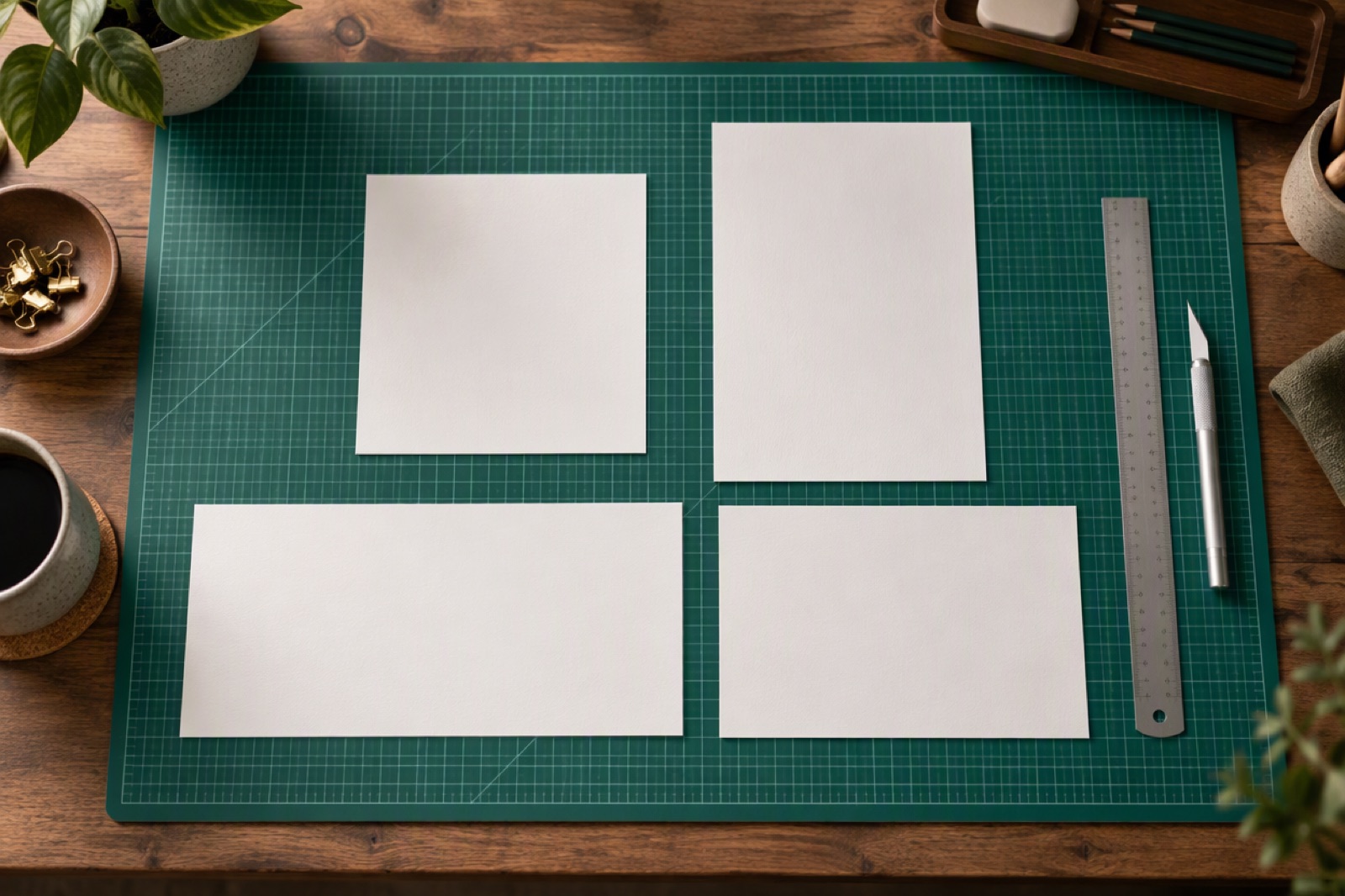Blank paper sheets of different proportions laid out on a cutting mat
