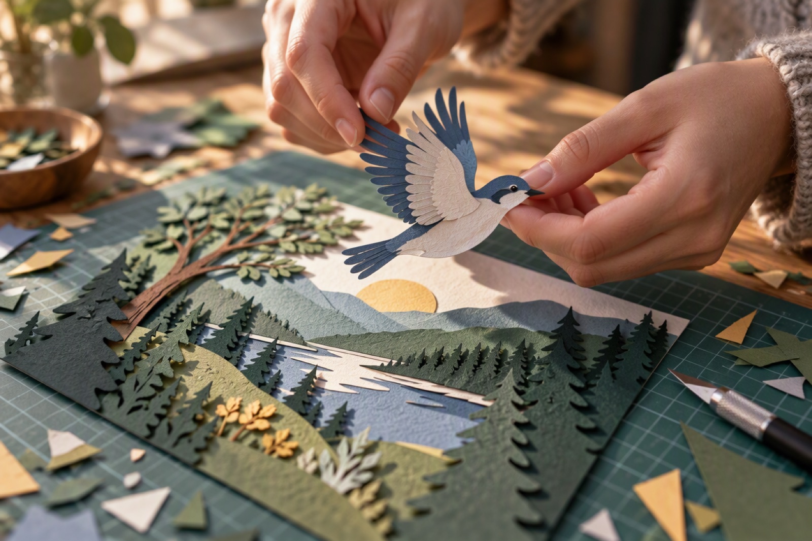 Hands lifting a cut-paper bird from a layered paper collage