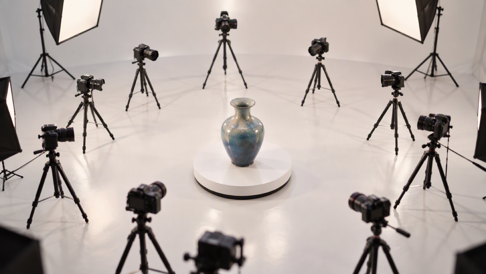 Ceramic vase on a turntable surrounded by cameras placed at different angles