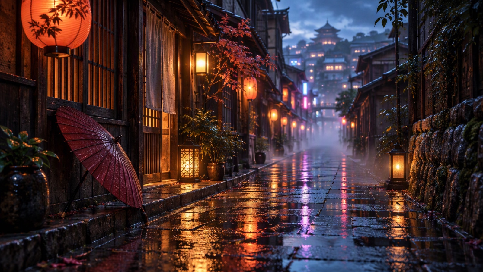 Rain-soaked city alley at dusk with neon reflections in puddles