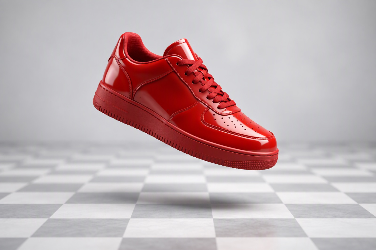 A single glossy red sneaker floating above a checkered transparent-style backdrop