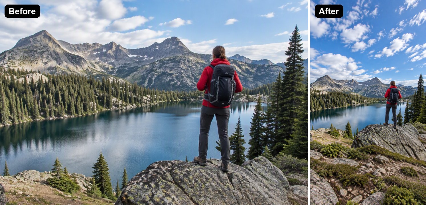 una foto orizzontale di un lago di montagna estesa in verticale