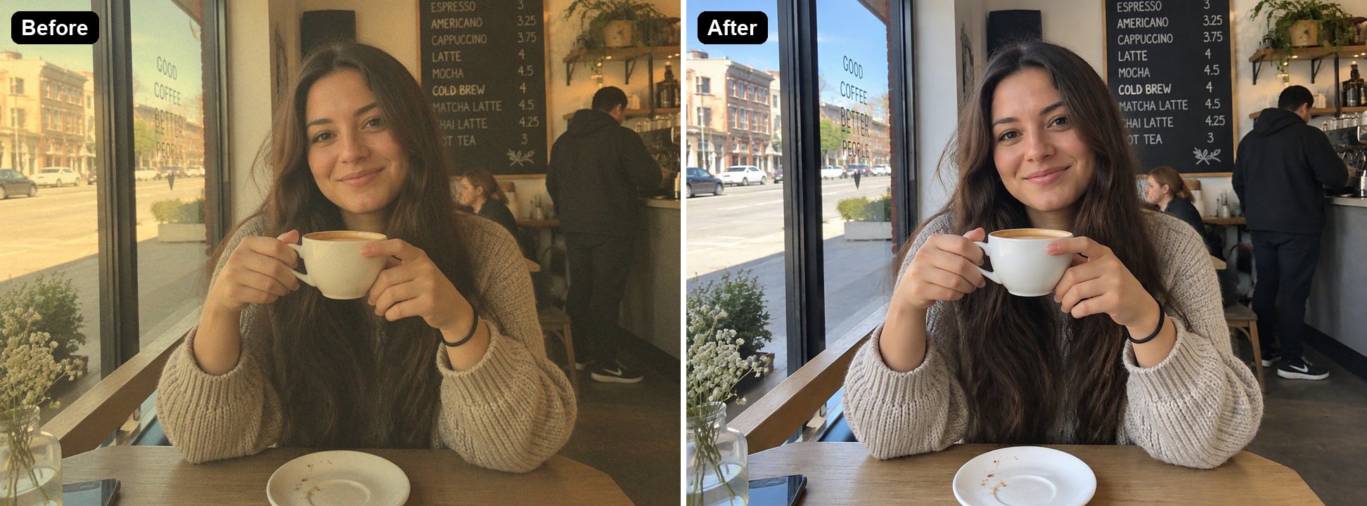 a cafe portrait with a warm vintage filter removed