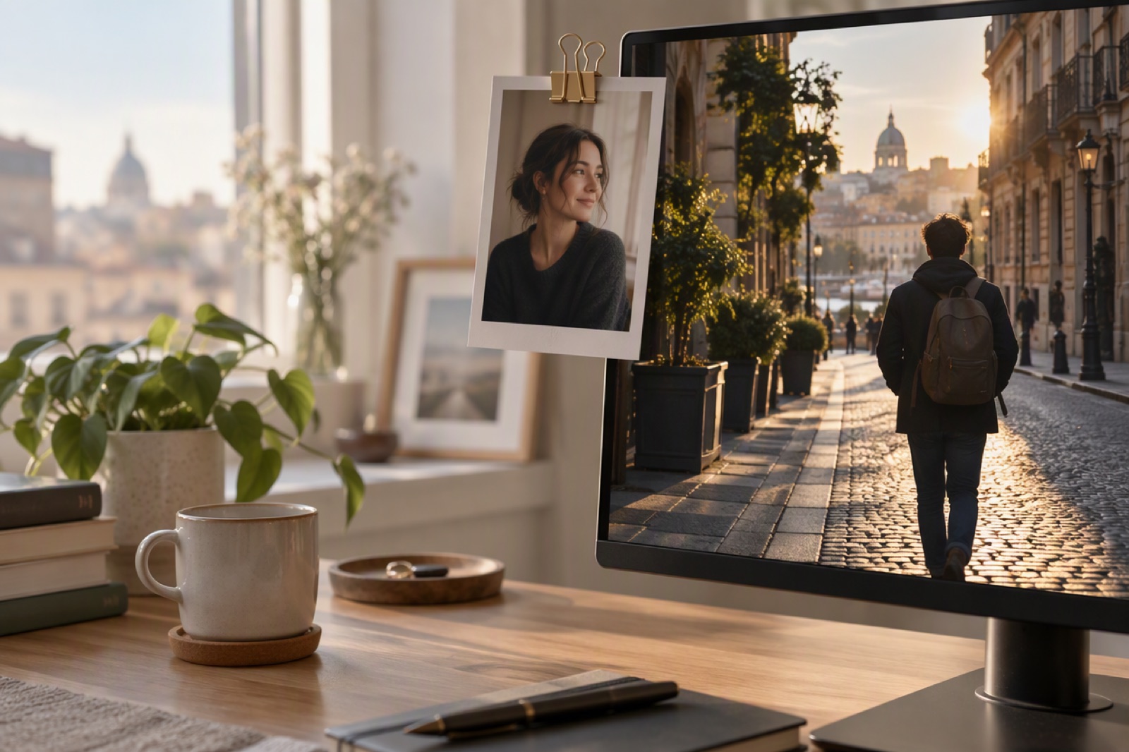 Portrait photo pinned beside a monitor showing a person walking down a street