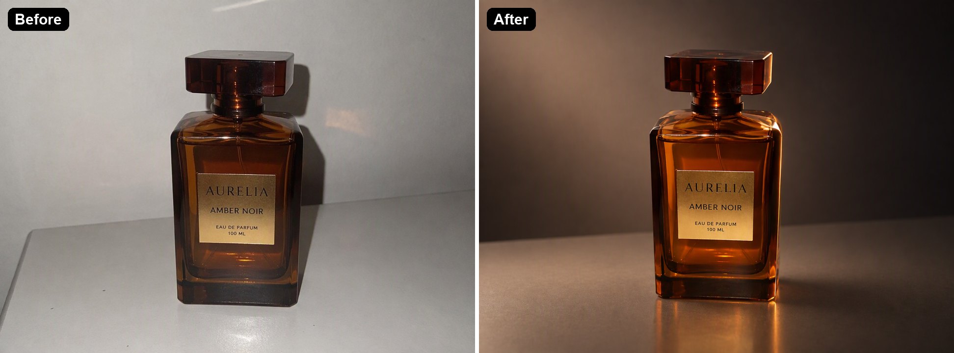 a perfume bottle relit from harsh flash to studio light