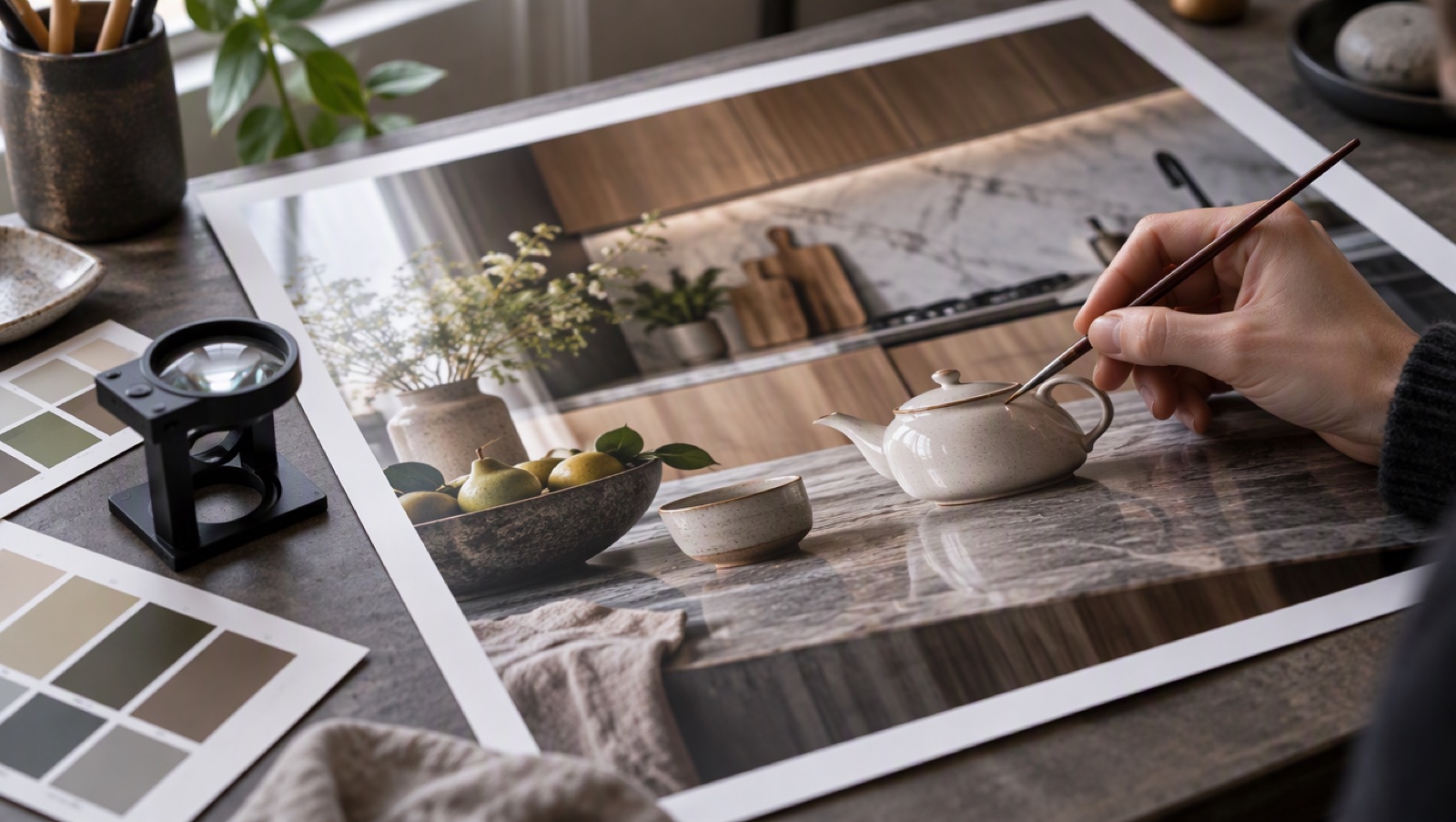 Retoucher's desk with a fine brush correcting one small detail on a large photo print