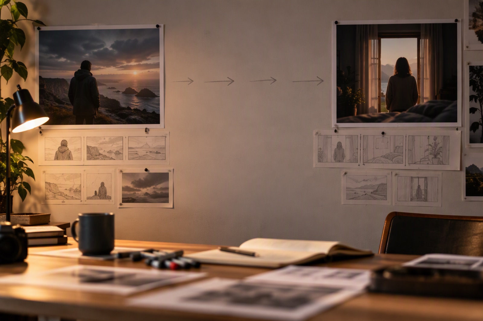 Two printed film frames pinned at either end of a storyboard wall