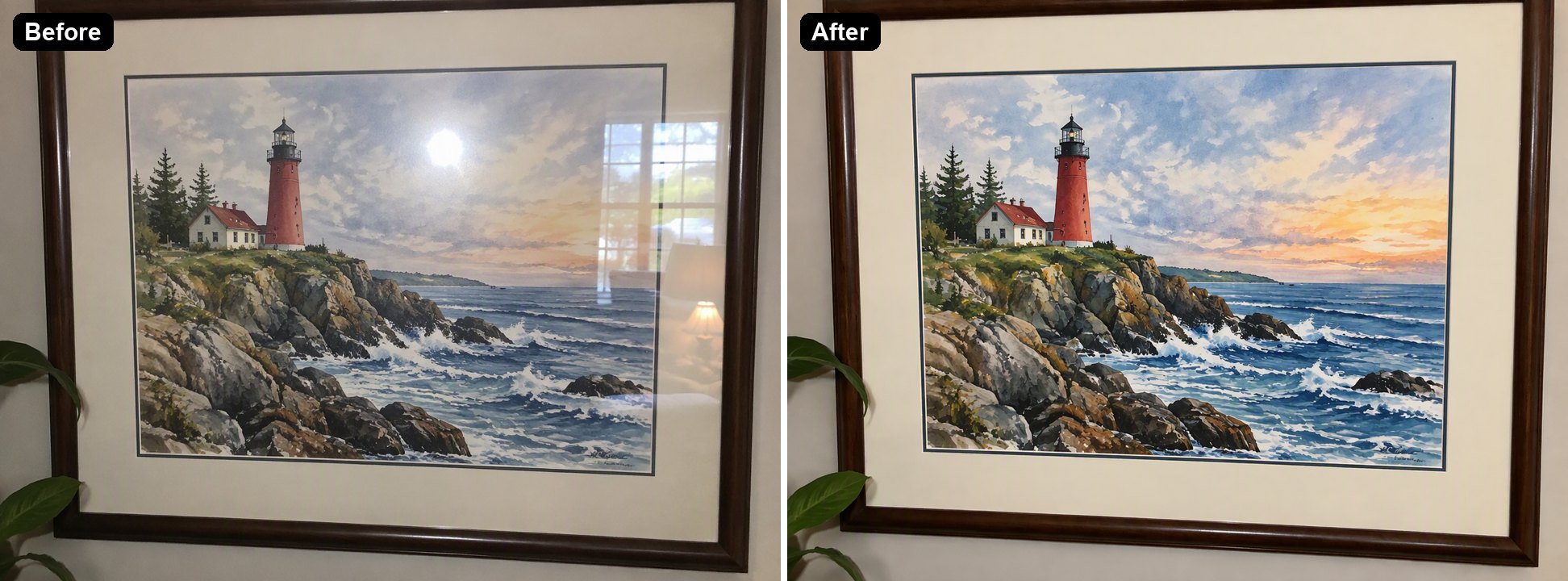 a framed lighthouse painting with flash glare removed from the glass