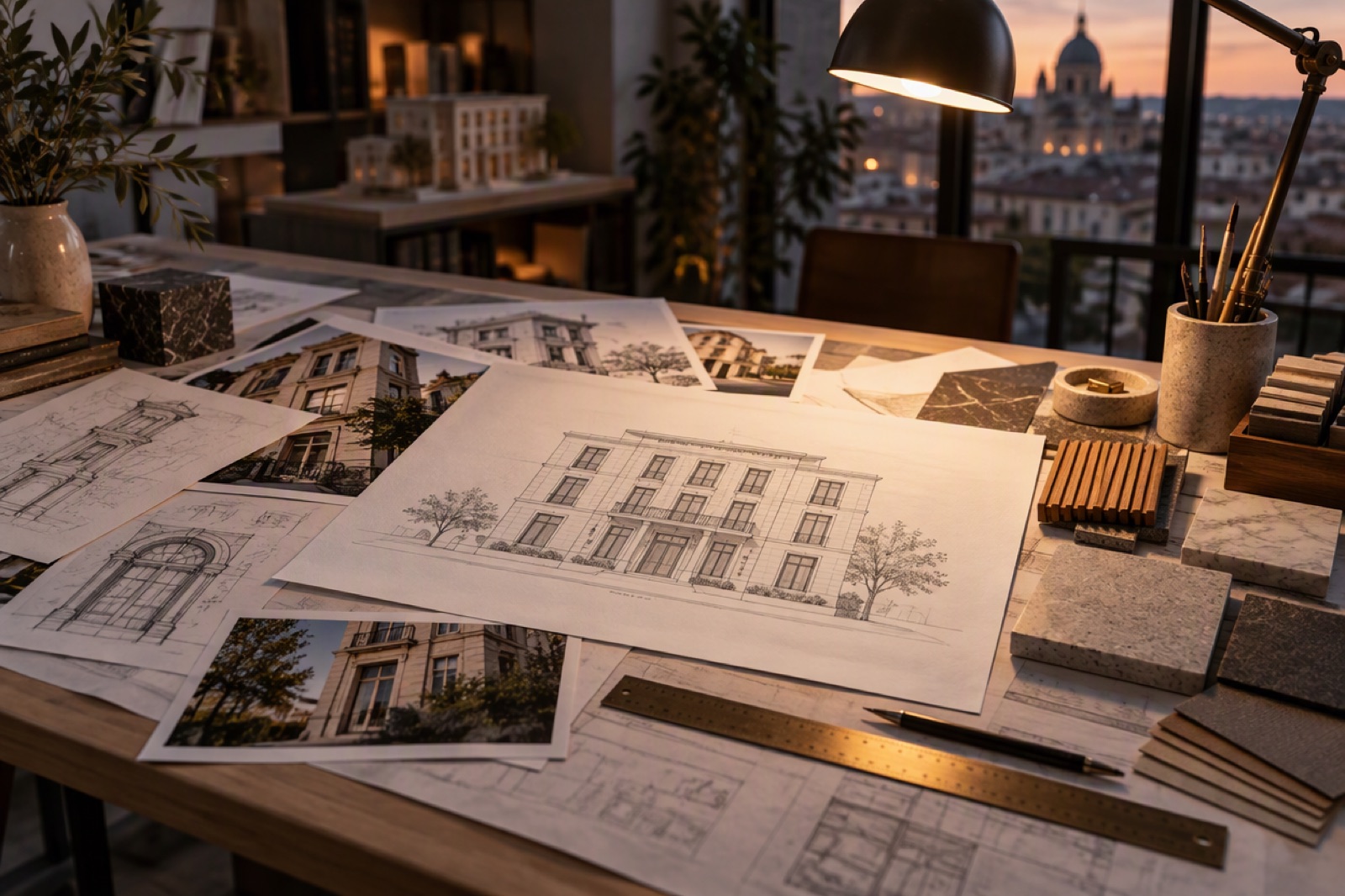Architect's table with several reference sketches and one revised clean drawing
