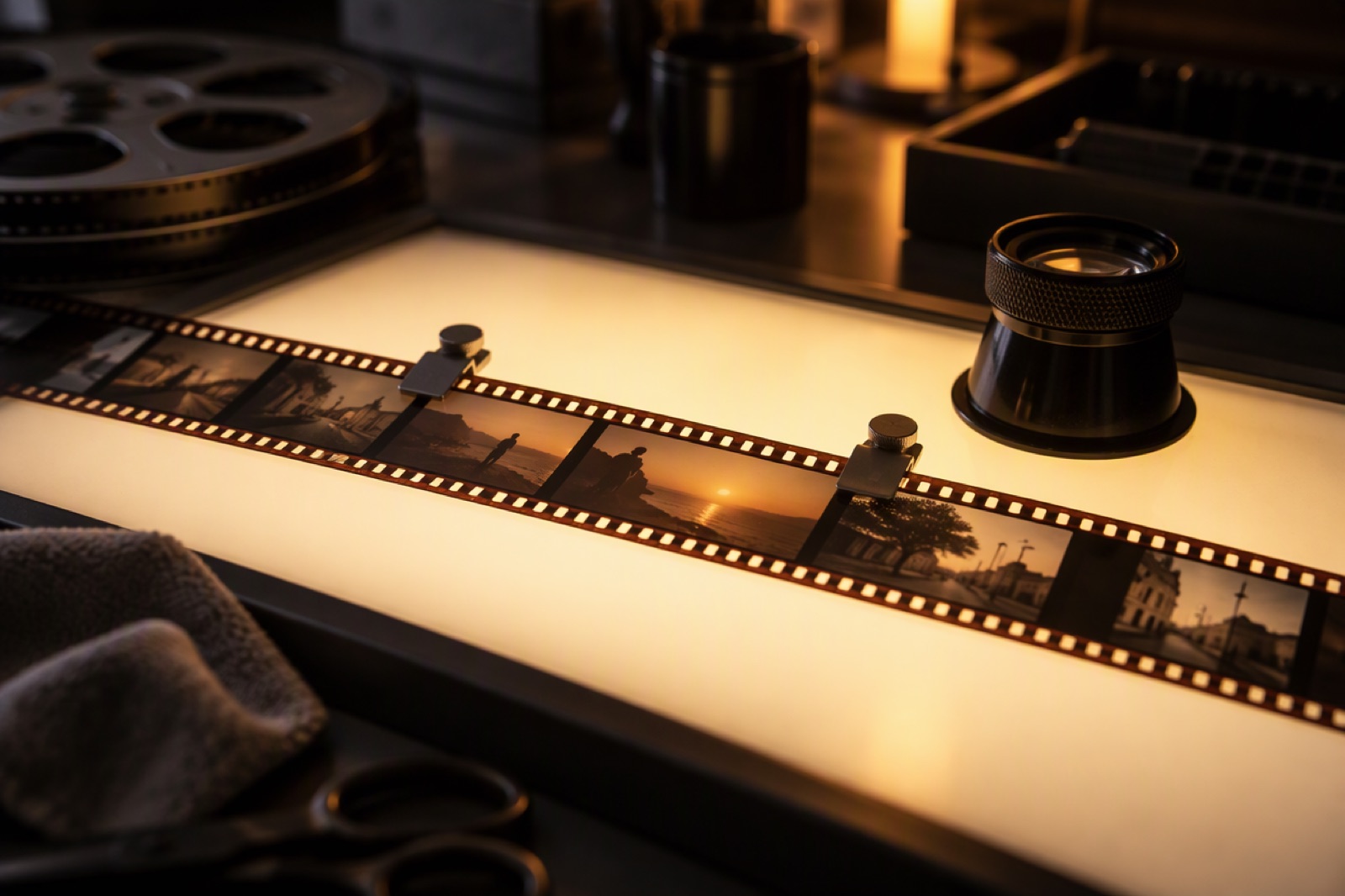 Film strip on a light table with a section marked off by two clips