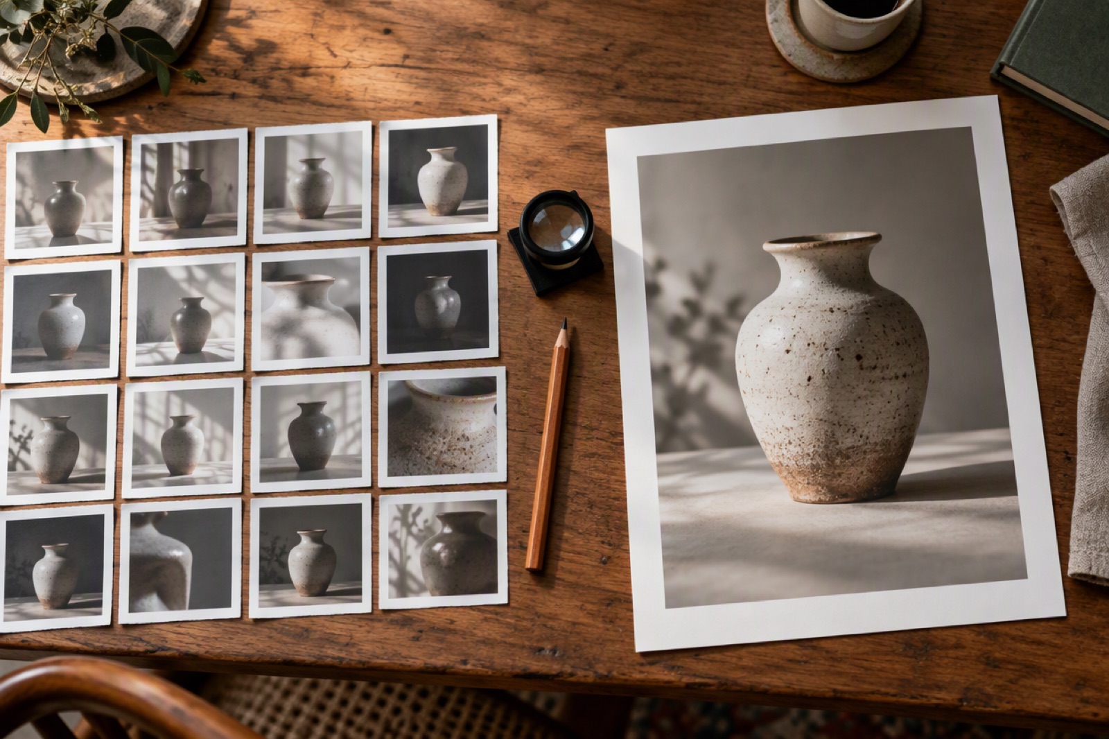 Contact sheet of small thumbnail photos next to one large framed print