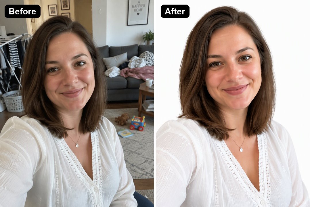 a living room selfie turned into a white background headshot