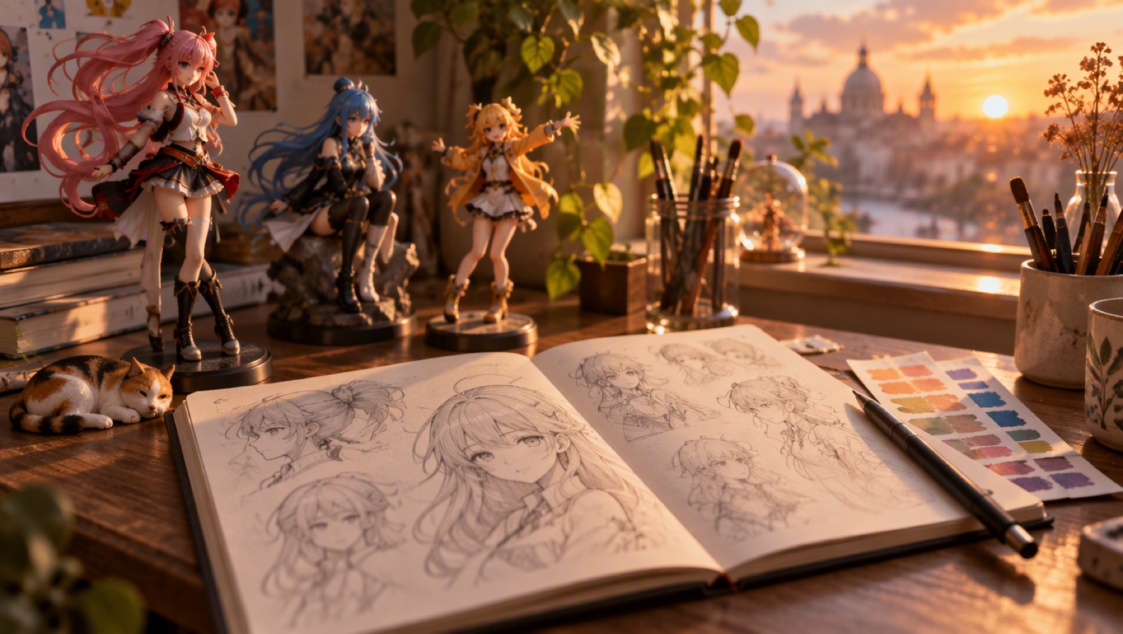 Anime character figurines and sketchbook pages on an artist's desk