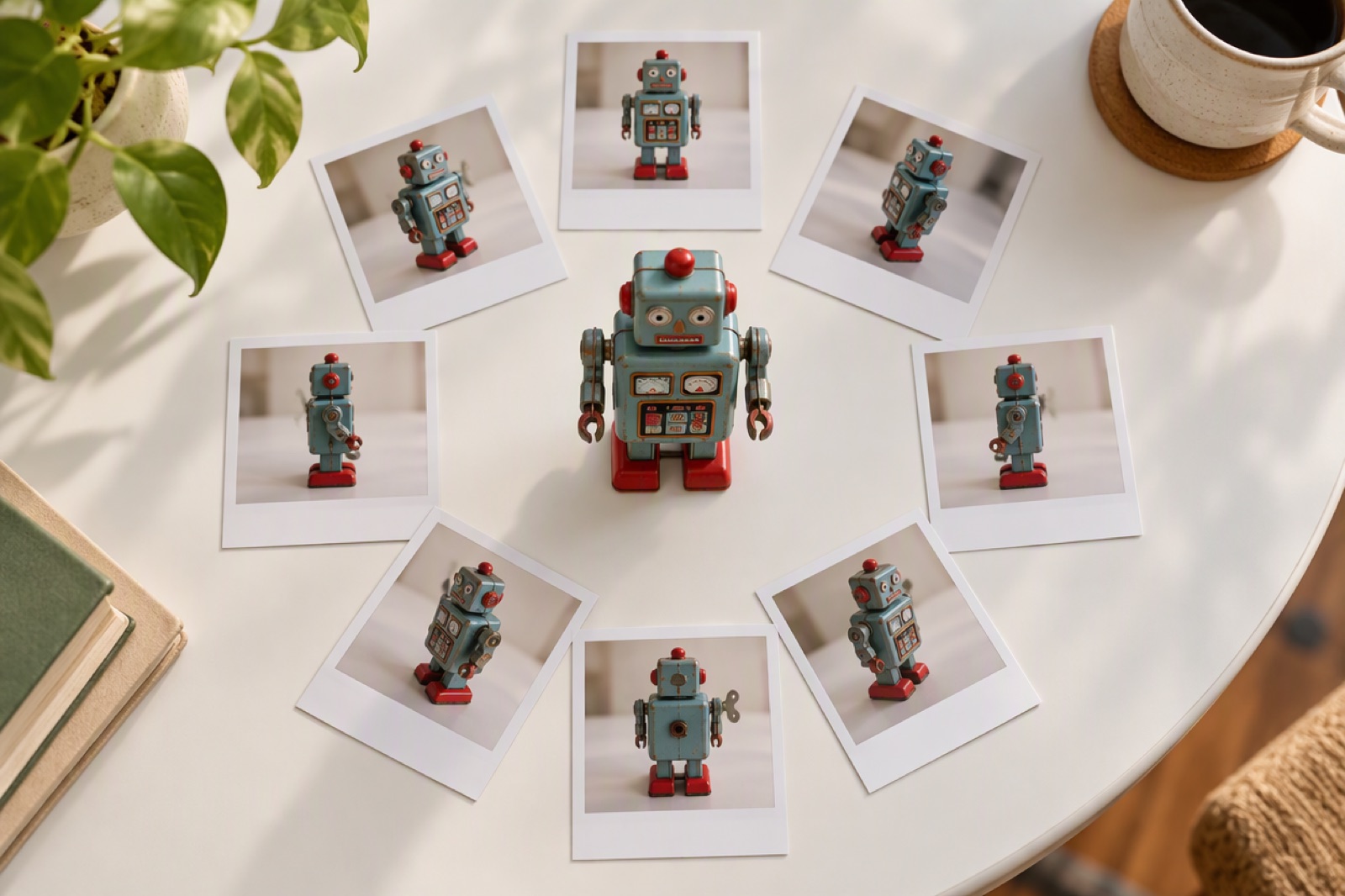 Toy robot photographed from eight positions around it, shown as a circle of prints