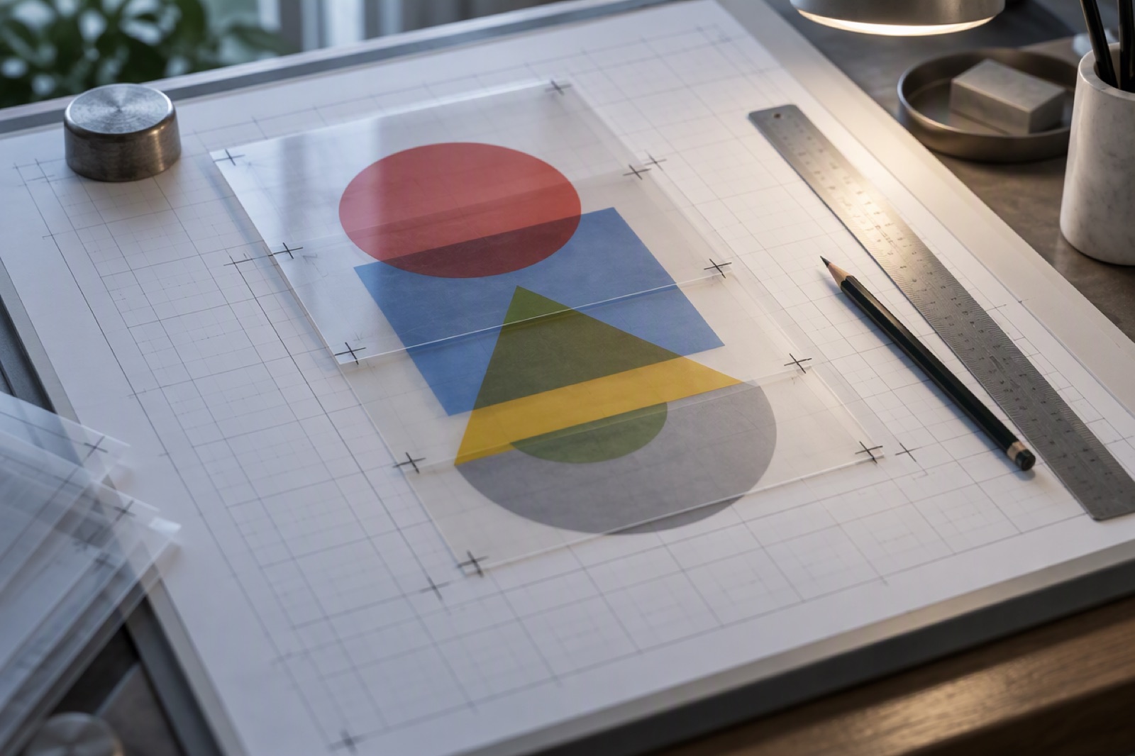 Layout grid on a drafting table with acetate sheets aligned by registration marks