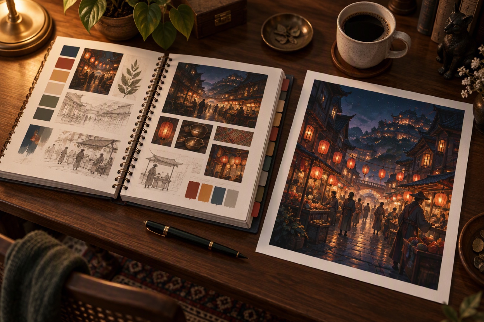 Thick creative brief document beside a finished detailed illustration