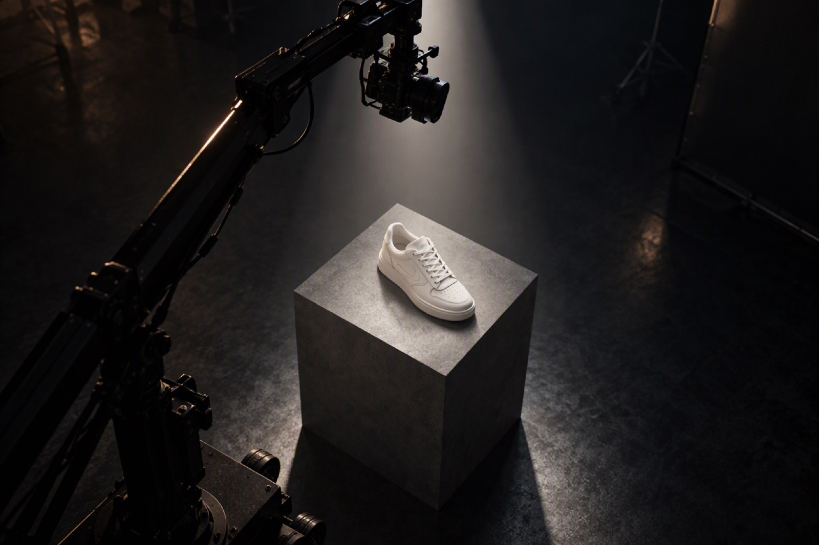 Camera crane rising beside a sneaker on a pedestal in a studio