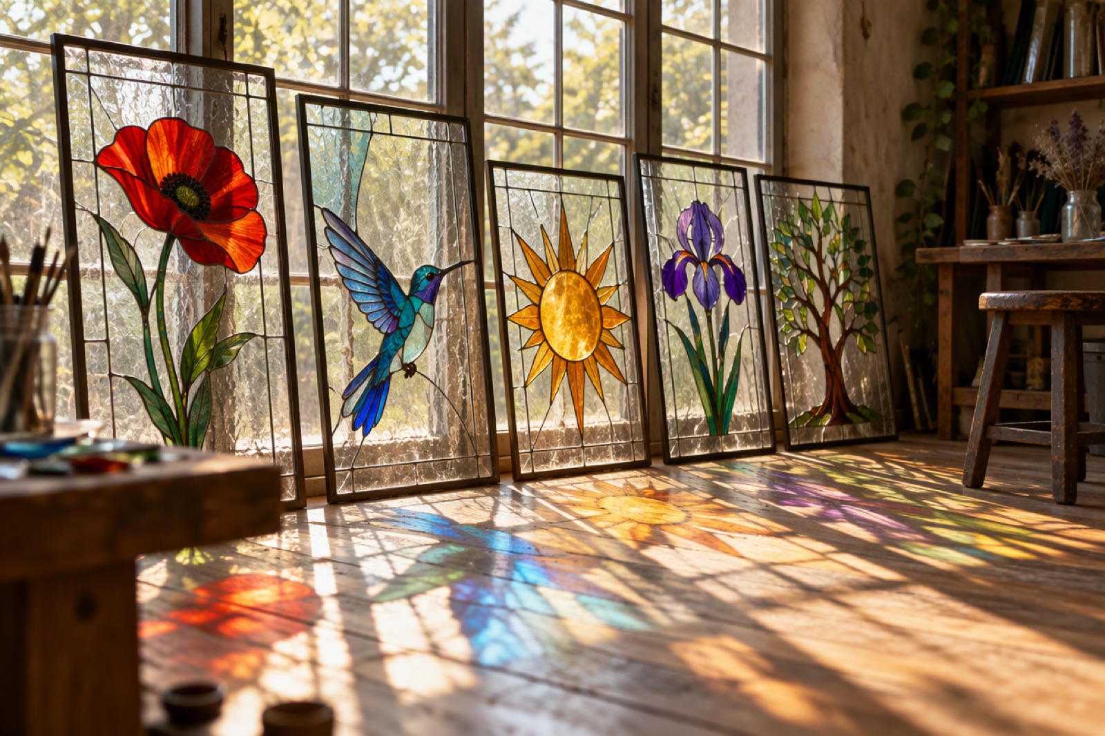 Stained glass panels leaning against a sunlit window showing separate colored pieces