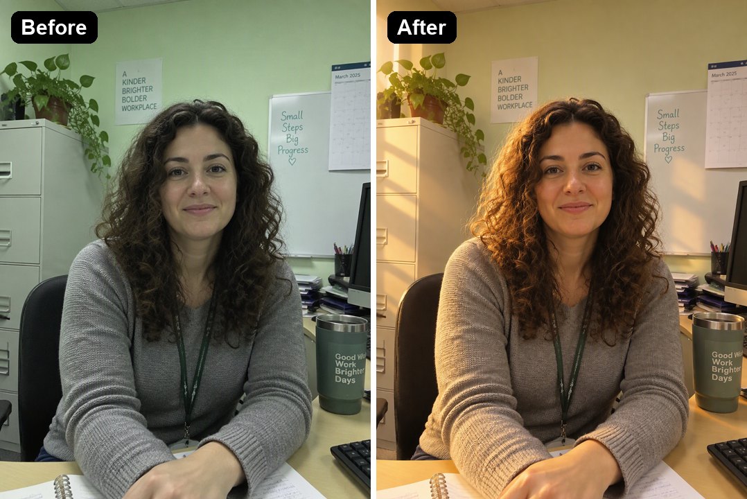 an office portrait relit with warm golden-hour light