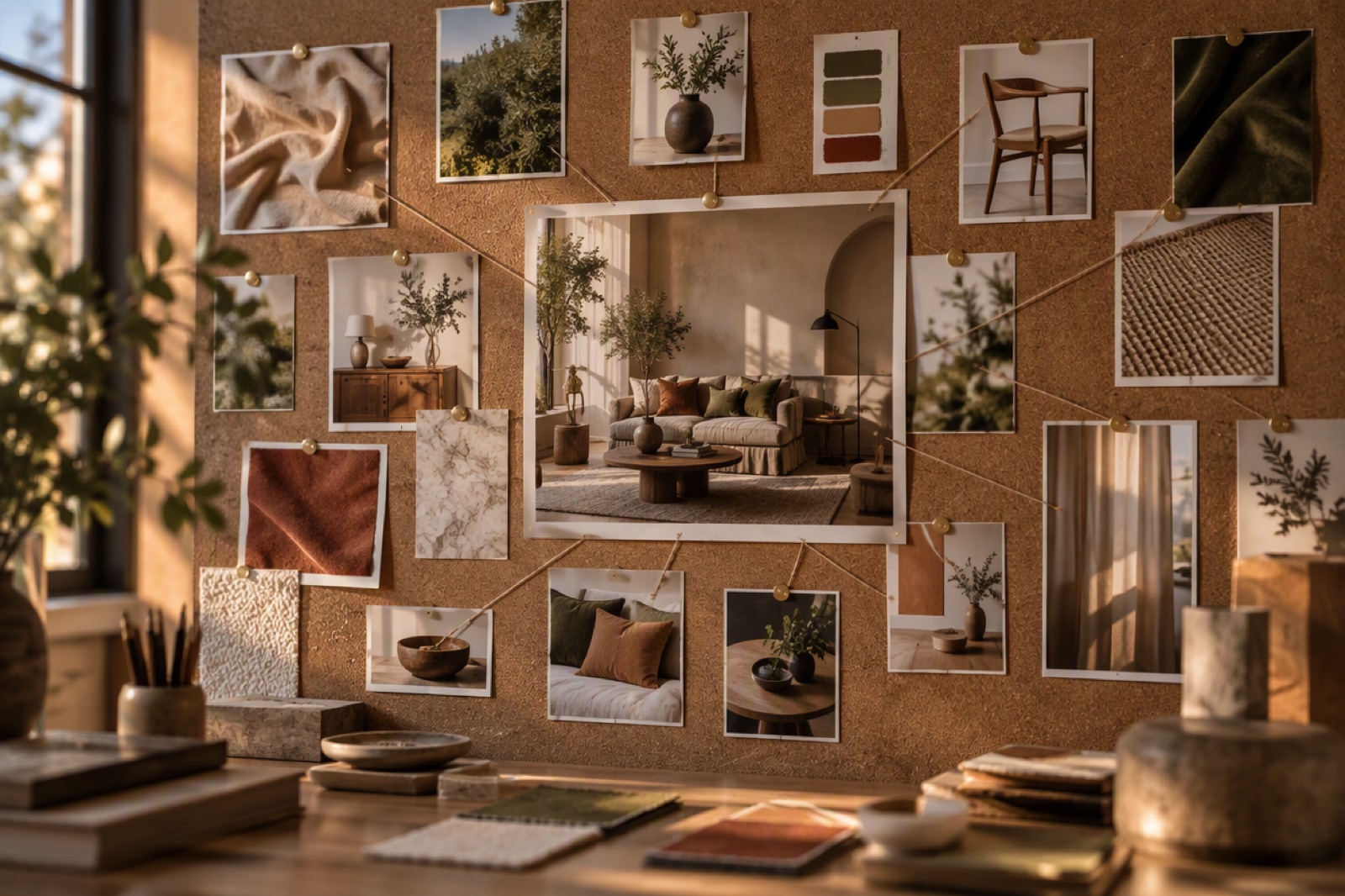 Several printed reference photos pinned to a board around one finished composite image