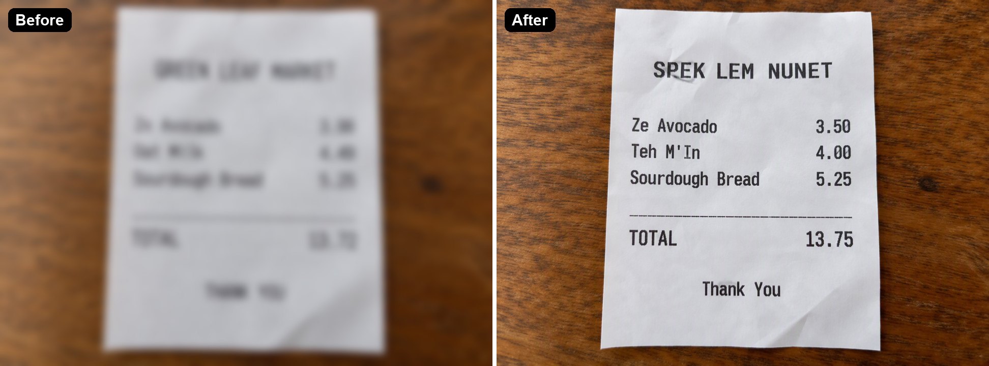 unlesbarer Kassenbon, bei dem die KI einen falschen Ladennamen und falsche Preise erfunden hat