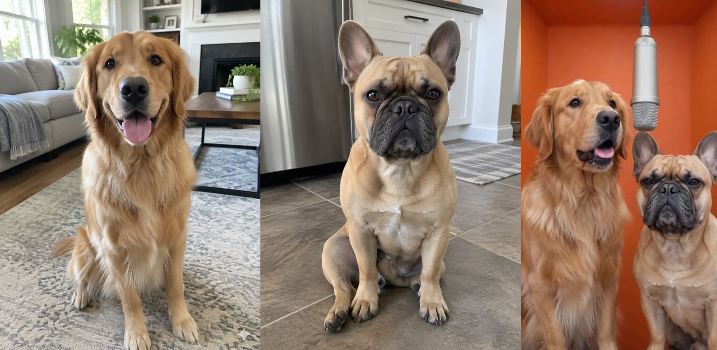 A golden retriever and a French bulldog photo turned into a Migos AI rap video