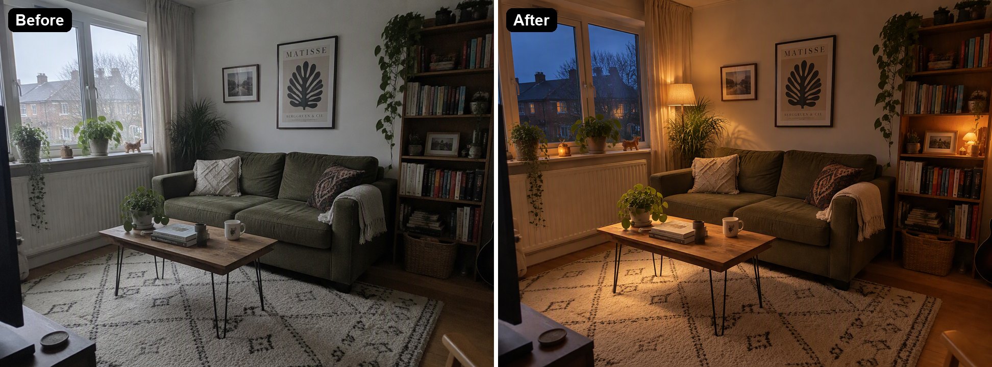 a living room relit from dull daylight to a cozy evening