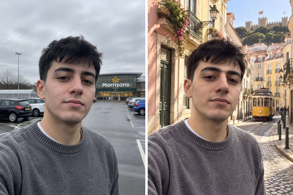 ein Selfie auf einem Parkplatz, versetzt auf eine Straße in Lissabon