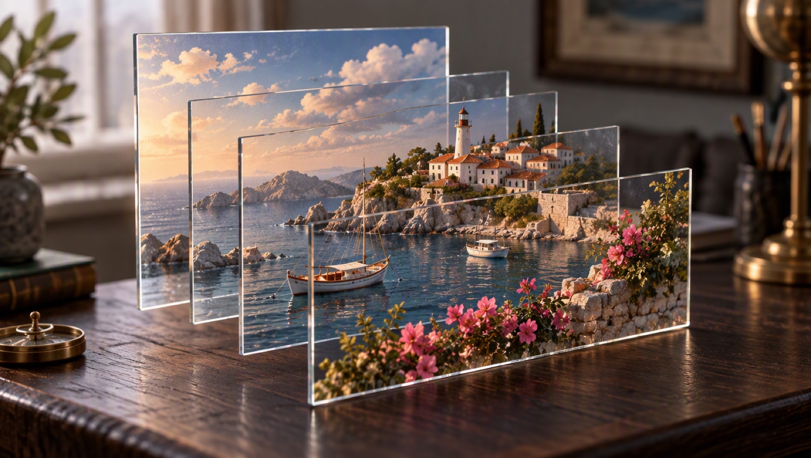Poster artwork separated into floating transparent glass layers above a desk