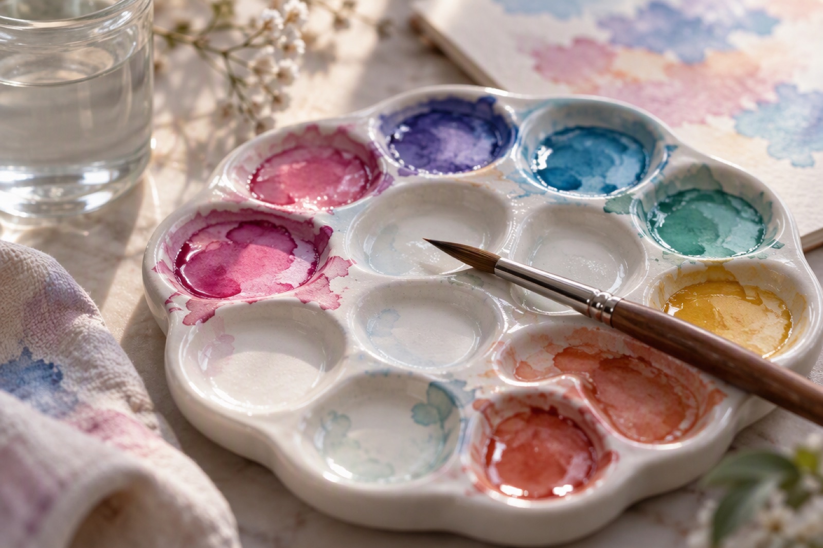 Watercolor paint palette with a few colors deliberately crossed out by a clean brush