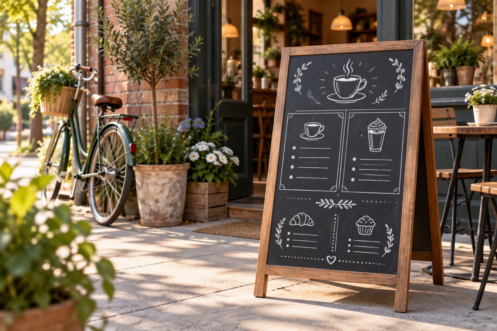 A chalkboard menu stand outside a small cafe with blank chalk panels