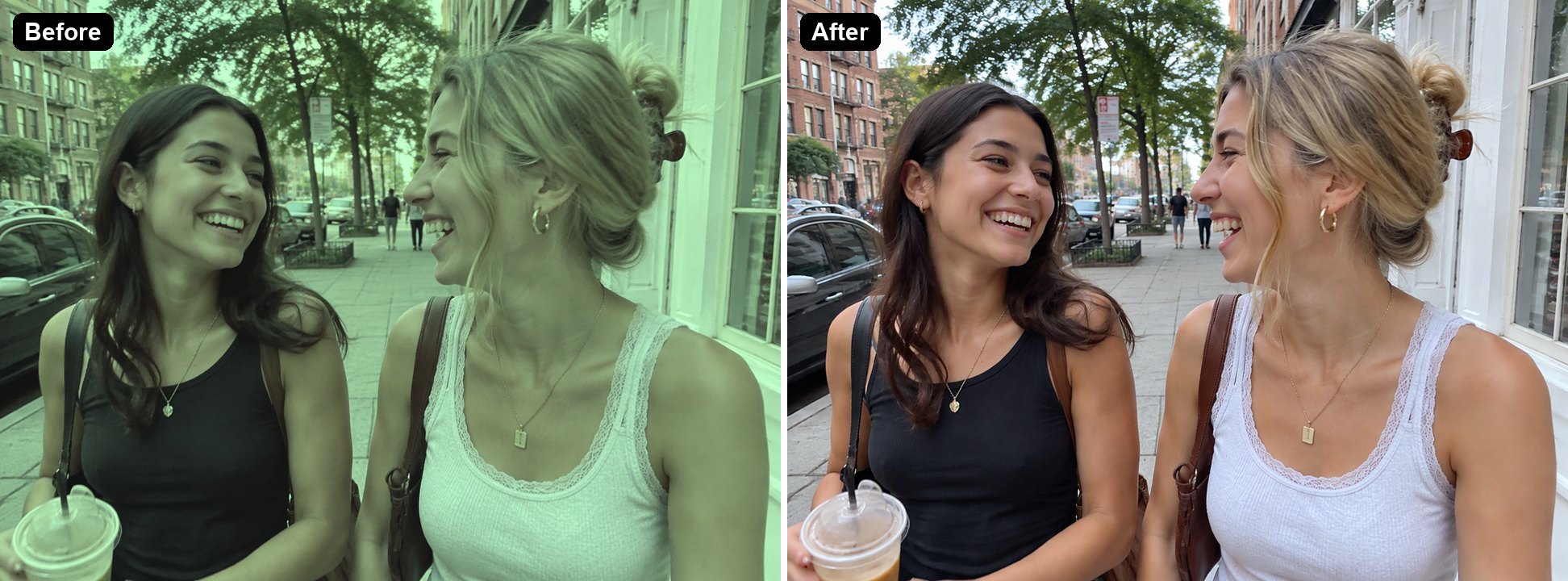 a photo of two friends with a green matcha filter removed