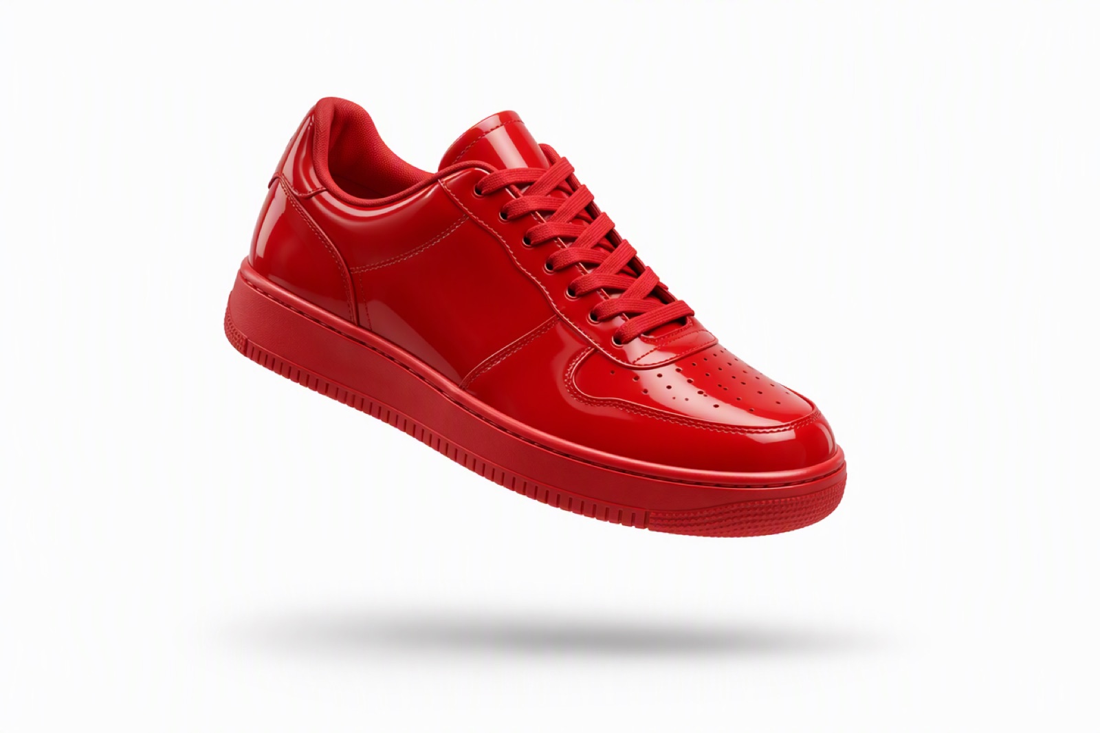 Glossy red sneaker floating alone against a clean white backdrop