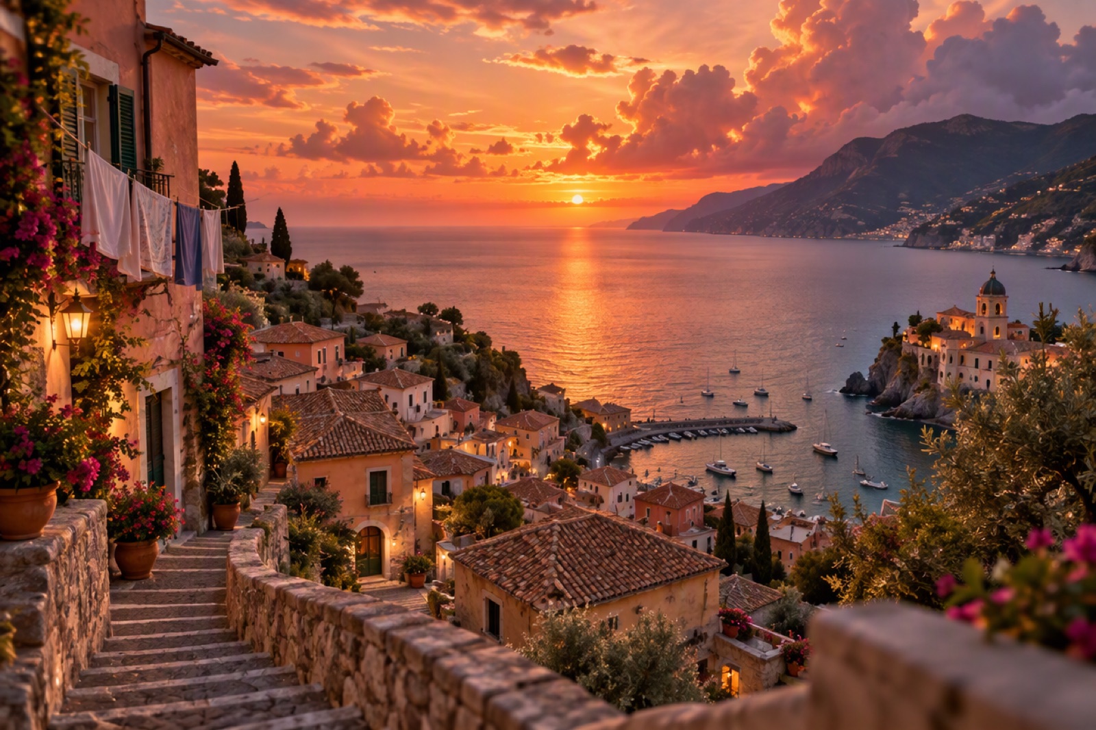 Sweeping view over a seaside town with terraced rooftops at sunset