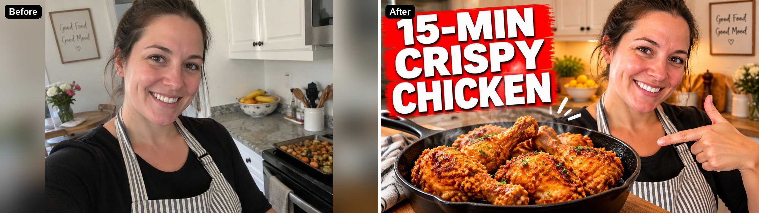 a kitchen photo turned into a fried chicken recipe thumbnail