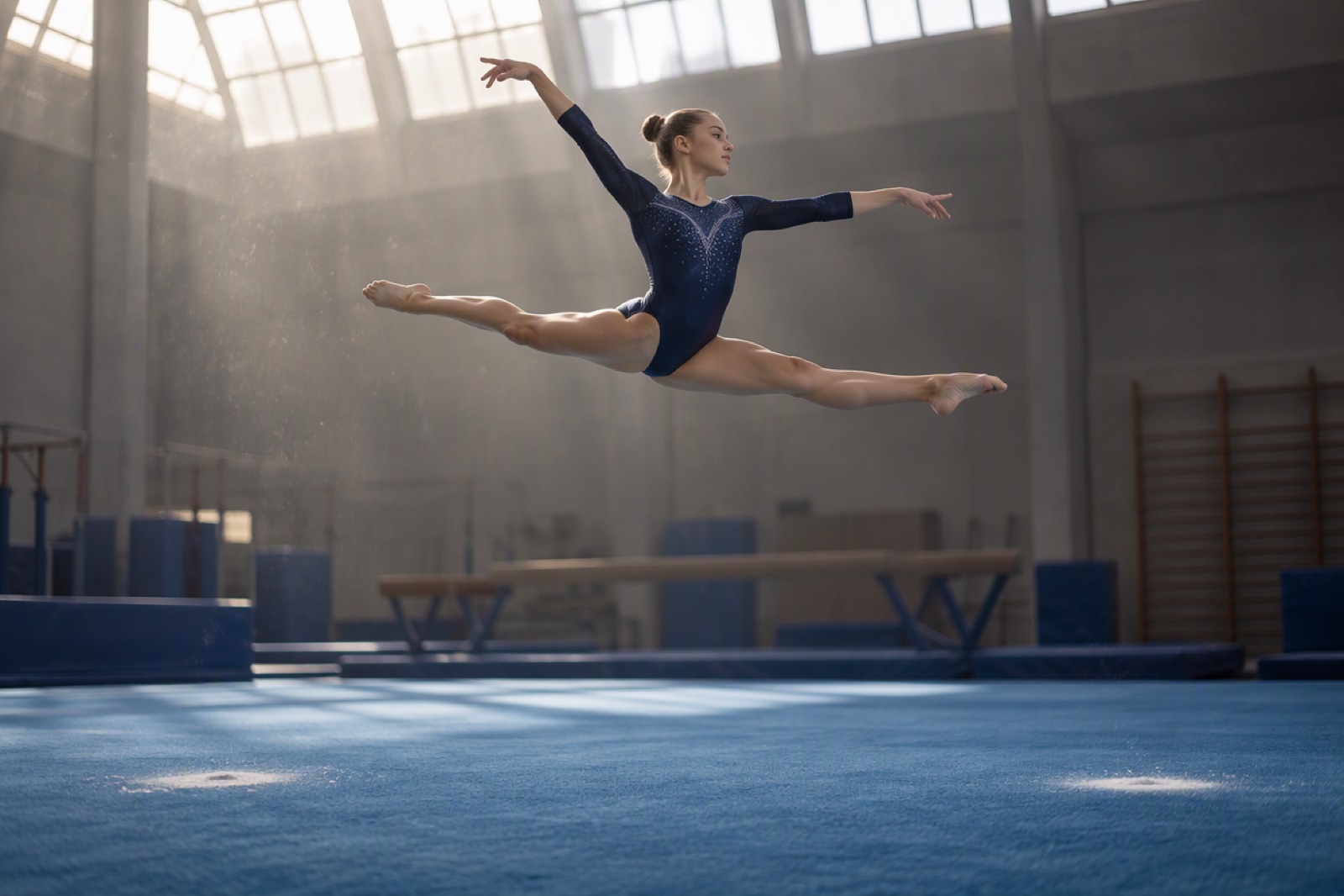 Gymnast mid-jump frozen between two chalk marks on a gym floor
