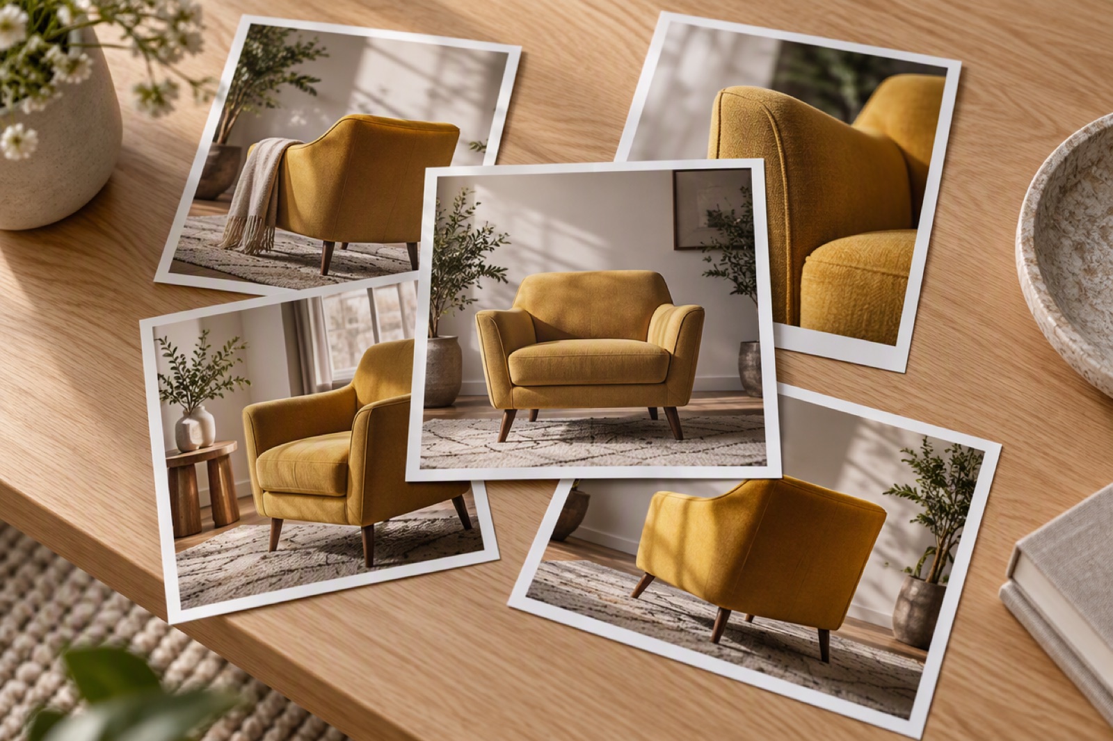 Stack of photo prints of the same armchair in different crops and orientations