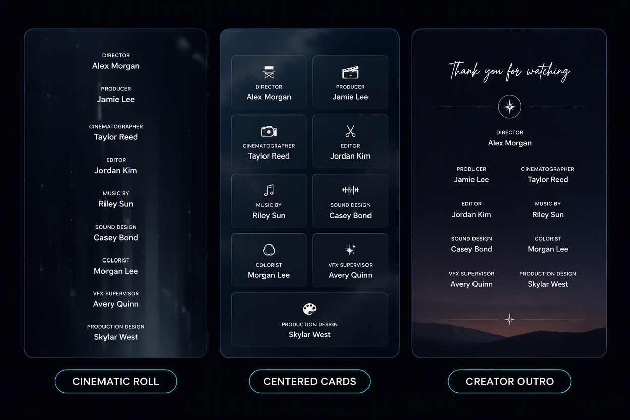 Feature compact creator-outro storyboard with exact readable text CREATED BY NOVA STUDIO, EDITED BY NOAH REED, MUSIC BY LINA PARK, THANKS FOR WATCHING across three coherent dark frames. No logos, watermarks or extra copy.